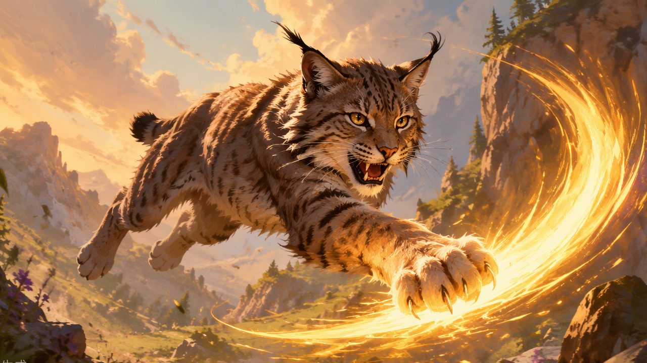 A cat mid-leap trailing light as it executes a special attack