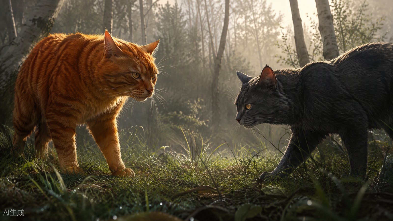 Two warrior cats face off across a misty clearing at dawn